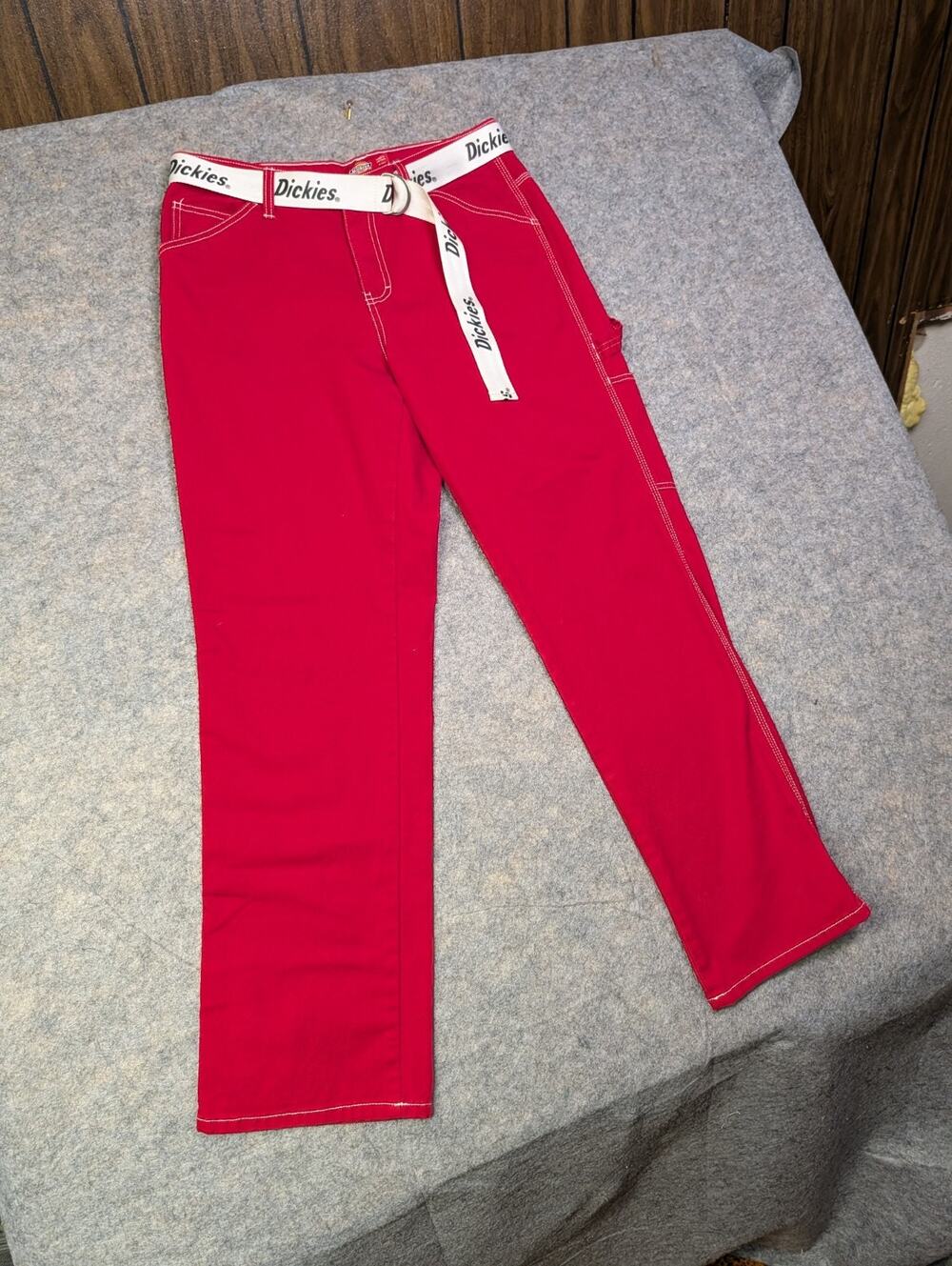 Dickies Girl Carpenter Pants Red Contrast Stitch Utility Workwear Size 9/29 Belt